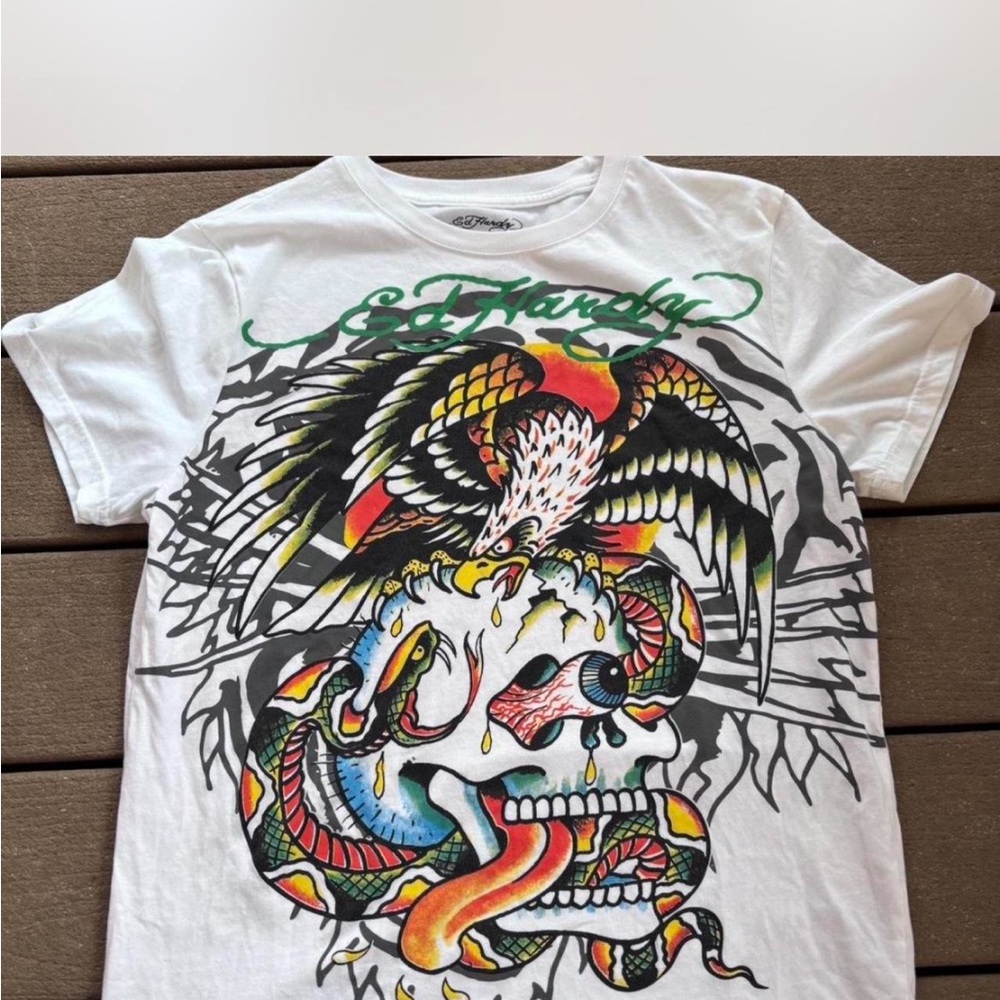 Vintage Ed Hardy Men’s White Graphic Skull & Snake T-Shirt